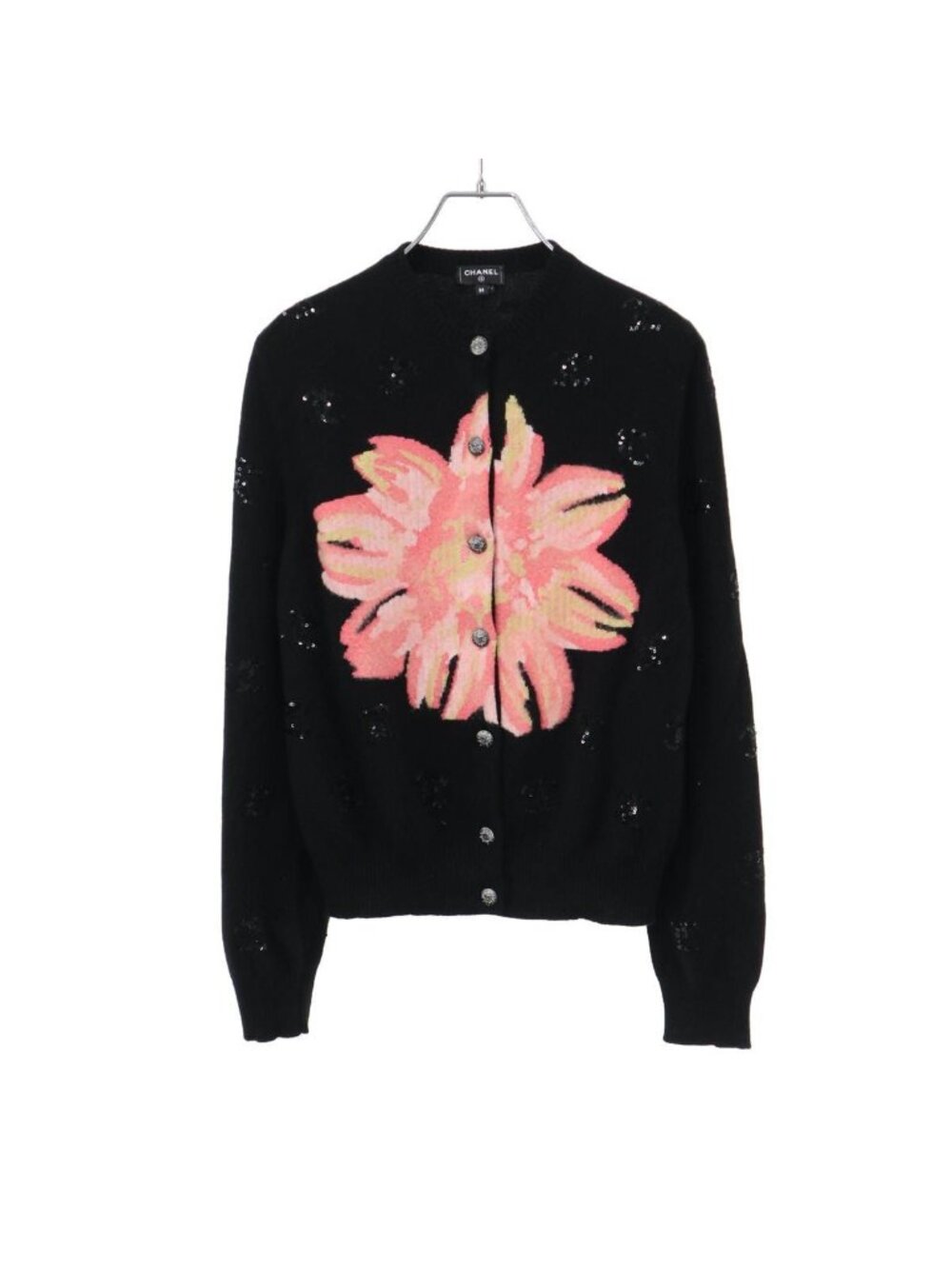 Chanel CC Logo Sequin Flower Cashmere Knit Cardigan Black Pink 36
